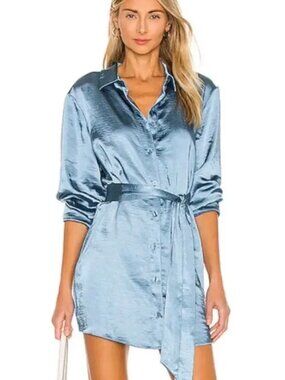 L'Academie Revolve Marta Mini Shirt Dress Satin in "Dusty Blue" Size XS